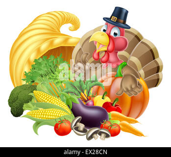 Caricature de Thanksgiving Turquie bird portant un pèlerin ou puritan grâce hat avec cornucopia plein de produire Banque D'Images