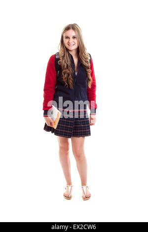 Jeune étudiant woman posing and smiling over white background Banque D'Images