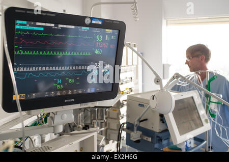 Münster, Allemagne. 06Th Juillet, 2015. Jan Terdenge infirmière examine les dispositifs techniques dans une chambre classique de l'unité de soins intensifs à l'hôpital universitaire de Münster, Allemagne, 03 juillet 2015. L'hôpital universitaire a présenté le nouveau concept de chambre pour les soins des patients en soins intensifs. Comme des bruits de biper et continue de perturber les alarmes les patients et le personnel. Photo : Bernd Thissen/dpa/Alamy Live News Banque D'Images