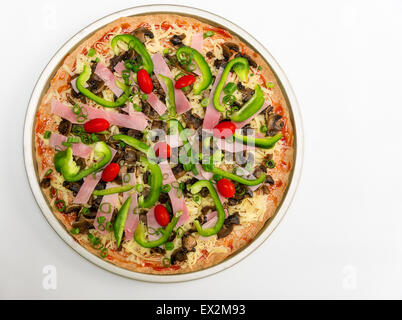 Pizza, nourriture, repas, restauration rapide,snack,cuisson,circle,taille,Culture,italien,jambon,poivre,ciboulette taille de portion, partie de soirée,alimentation,home made Banque D'Images