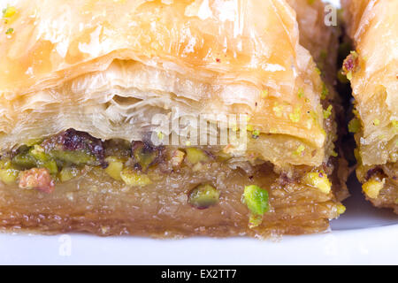 Close up vue détaillée de baklava à la pistache, dessert turc délicieux. Banque D'Images