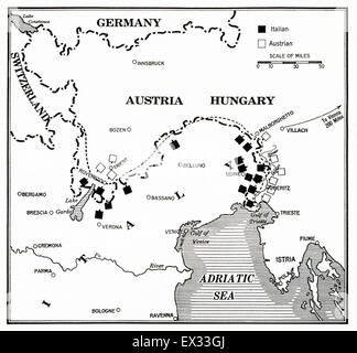 La carte montre les positions des troupes italiennes et autrichiennes dans l'espace alpin au cours de la Première Guerre mondiale dans les Alpes, l'armée italienne ainsi qu'il a à faire face à la plus formidable obstacle naturel en Europe. Banque D'Images