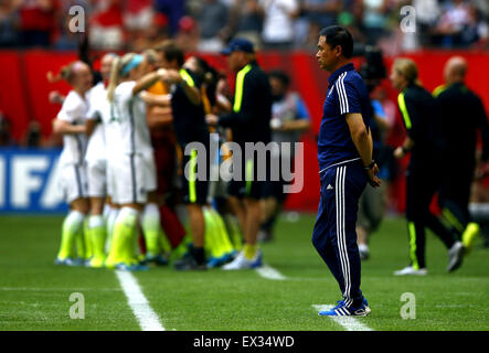 Vancouver, Canada. 05 juillet, 2015. Vancouver, Canada. 5 juillet, 2015. Norio Sasaki (avant), entraîneur de l'Japon, réagit comme les joueurs de l'United States célébrer leur deuxième but pendant la finale de la FIFA 2015 Coupe du Monde féminine à Vancouver, Canada, 5 juillet 2015. Source : Xinhua/Alamy Live News Banque D'Images