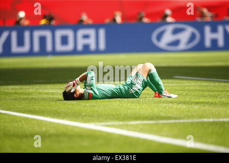 Vancouver, Canada. 05 juillet, 2015. Ayumi Kaihori, gardien de but du Japon, réagit après la perte de l'objectif pour la quatrième fois au cours de la finale de Coupe du Monde féminine de la Fifa 2015 entre les États-Unis et le Japon au BC Place Stadium à Vancouver, Canada le 5 juillet 2015. Les États-Unis ont fait valoir le titre après avoir battu le Japon avec 5-2. Source : Xinhua/Alamy Live News Banque D'Images