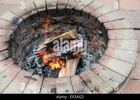 Brûler du bois dans un jardin feu presque prêt à cuire sur Banque D'Images