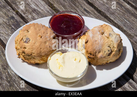 Un thé à la crème, des scones avec de la crème caillée et confiture de fraises, Devon, Sud de l'Angleterre, Angleterre, Royaume-Uni Banque D'Images