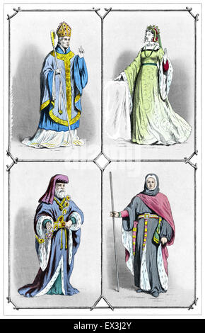Xive siècle costumes : évêque, comtesse, comte, juge, à partir de la Victorian gravure imprimée en couleur avec plusieurs plaques. Banque D'Images