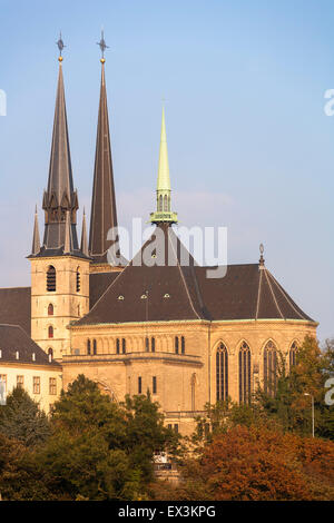 LUX, Luxembourg, ville de Luxembourg, vue sur la rivière de la vallée de la Pétrusse et le centre-ville avec la cathédrale Notre-Dame. LU Banque D'Images