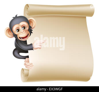 Cute cartoon singe chimpanzé comme le caractère mascot peeking autour d'une enseigne de défilement et pointant sur elle Banque D'Images