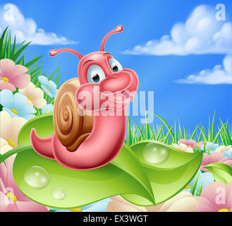 Une illustration d'un cute cartoon snail caractère dans une prairie avec des fleurs d'été Banque D'Images