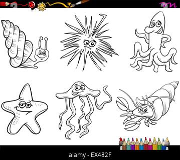 Livre de coloriage Cartoon Illustration de Sea Life drôle jeu de caractères Animaux Illustration de Vecteur