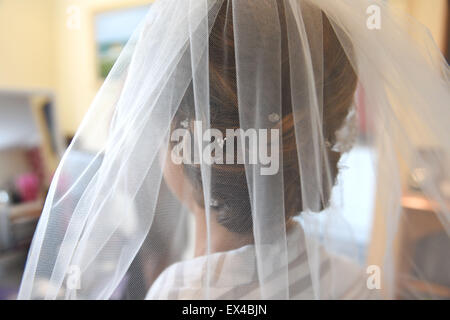 Jeune mariée robe de mariage avec voile et sèche Banque D'Images