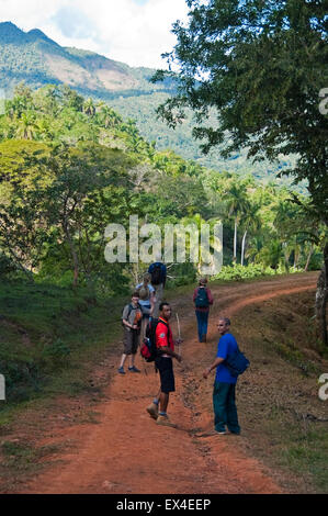 Portrait vertical d'un groupe de touristes marchant à travers le Parc National de Topes de Collantes à Cuba. Banque D'Images