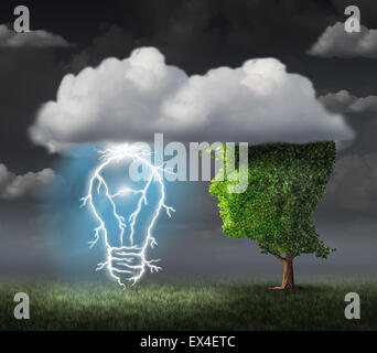 Idée d'entreprise concept comme un arbre en forme de visage sous un nuage avec un éclair électrique en forme d'ampoule allumée comme une métaphore pour l'inspiration créative et de succès. Banque D'Images