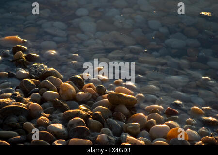 Cailloux usés à l'eau calme dans les eaux de l'aube à Peconic Bay près de Sag Harbor, New York, évoquant un sentiment de paix et de tranquillité Banque D'Images