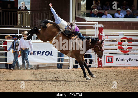 Calgary, AB, Canada. 6 juillet, 2015. Ty Taypotat gagne bareback bronco ridning Jour 4 au Stampede de Calgary. Credit : Baden Roth/ZUMA/Alamy Fil Live News Banque D'Images