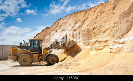 Serti de chargement avec un tracteur de maïs à un Feedyard Boeuf près de North Platt, Nebraska, USA. Le maïs est serti appelé Mo Banque D'Images