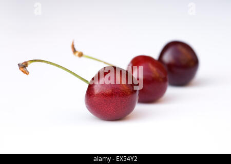 Trois cerises sur fond blanc. Banque D'Images