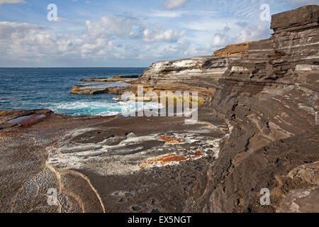 Des formations de roche de grès érodé recouvert d'algues le long de la côte rocheuse stérile sur l'île de São Nicolau, Cap Vert, Afrique Banque D'Images