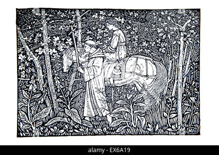 Premier moine femme à cheval à travers la forêt, illustration par Arthur Gaskin de Hans Anderson 1893 Banque D'Images