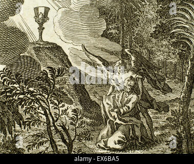 Nouveau Testament. Matthieu. Chapitre 26. Jésus priant dans le jardin de Gethsémani. Un ange apparaît pour le consoler. La gravure. Banque D'Images