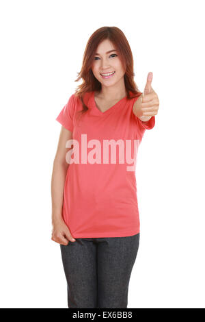 Femme en blanc T-shirt with Thumbs up isolé sur fond blanc Banque D'Images