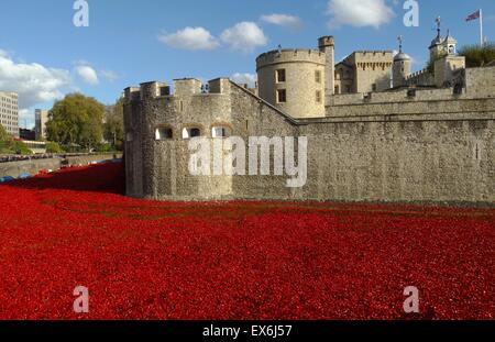 Art installation intitulée 'Blood a balayé les terres et les mers de Red'. Le fossé sec a été rempli de 800 000 coquelicots en céramique commémorant le centenaire de la Première Guerre mondiale. Créé par l'artiste céramiste Paul Cummins et theatre stage designer Tom Piper. Banque D'Images