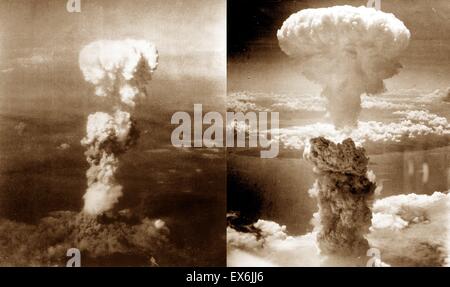 La Seconde Guerre mondiale, des nuages de champignons de la bombe atomique sur Hiroshima (à gauche) et de Nagasaki (droite), août 1945 Japon Banque D'Images