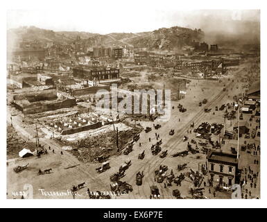 Le tremblement de terre de San Francisco de 1906. Telegraph Hill ; de Ferry Building Banque D'Images