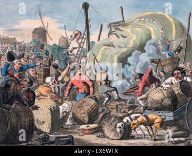 Prévisions cartoon néerlandais événements aéronautiques pour l'année 1804 en montrant les gens en colère, peut-être sur l'imminence d'une ascension en montgolfière par 'Willie van de Heeren & Hopmen Loude'. , Pays-bas 1794. Banque D'Images