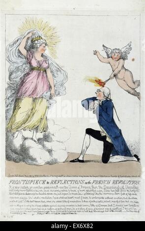 Frontispice de réflexions sur la Révolution française. 1790. Imprimer affiche Edmund Burke à genoux comme s'il se propose d'une vision qui apparaît devant lui de Marie Antoinette, tandis qu'un chérubin touche la tête avec un tison émettant les étincelles de roman Banque D'Images