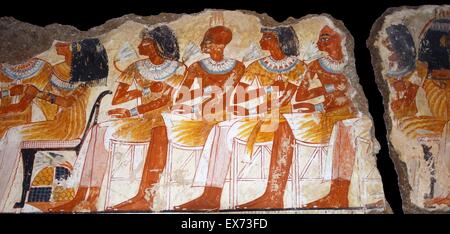 Fresque de la tombe de Nebamun, fragment d'un tombeau polychrome-peinture d'une scène de banquet. Thèbes, Egypte 18e dynastie, vers 1350 av. Banque D'Images