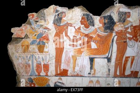 Fresque de la tombe de Nebamun, fragment d'un tombeau polychrome-peinture d'une scène de banquet. Thèbes, Egypte 18e dynastie, vers 1350 av. Banque D'Images