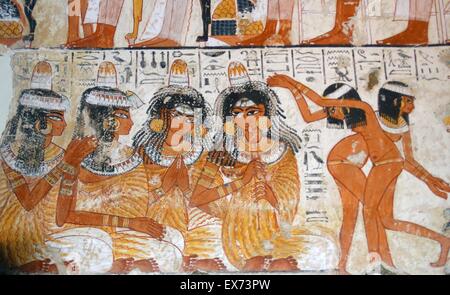 Fresque de la tombe de Nebamun, fragment d'un tombeau polychrome-peinture d'une scène de banquet. Thèbes, Egypte 18e dynastie, vers 1350 av. Banque D'Images