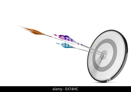 Une cible avec trois flèches colorées de frapper le centre. Concept de droit pour l'illustration d'une stratégie commerciale réussie o plan Banque D'Images