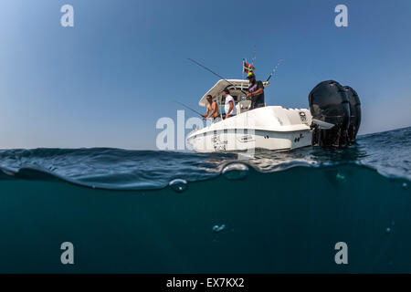 Partie de pêche entre amis. Le bateau modèle utilisé ici est un Boston Whaler 320 Outrage (300 chevaux moteurs hors-bord Mercury) Banque D'Images