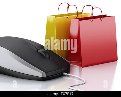 Image 3d. Souris d'ordinateur avec des sacs d'emplettes. Concept d'achat en ligne Banque D'Images