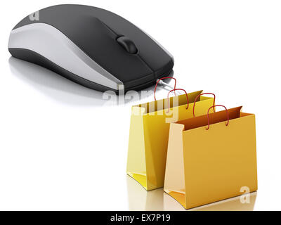 Image 3d. Souris d'ordinateur avec des sacs d'emplettes. Concept d'achat en ligne Banque D'Images