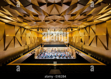 Grand view de Symphony Hall au cours de répétition. Salle philharmonique de Szczecin, Szczecin, Pologne. Architecte : Estudio Barozzi Veiga, 2014. Banque D'Images