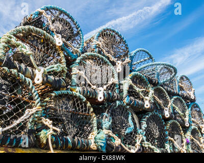 Pile de crèches de homard prêtes à être utilisées sur le quai de New Quay, Ceredigion, pays de Galles, vues dans un ciel bleu avec des nuages plus voiles Banque D'Images