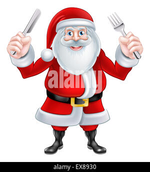 Dessin animé de Noël Père Noël tenant un couteau et fourchette prête pour le dîner Banque D'Images