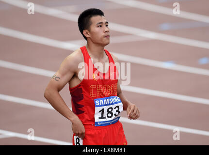 Gwangju, Corée du Sud. 09 juillet 2015. Yang Yang de la Chine réagit après le 100 m Finale à la 28e Universiade d'été à Gwangju, Corée du Sud, le 9 juillet 2015. © Li Jundong/Xinhua/Alamy Live News Banque D'Images