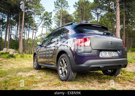 Propriano, France - 1 juillet 2015 : violet foncé Citroen C4 avec Cactus airbump sur panneaux en plastique unique, conçu pour protéger des portes Banque D'Images