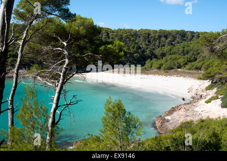 Regardant vers le bas sur le beau sable blanc et eau claire azure de Trebaluger Beach sur l'île de Minorque espagne Banque D'Images