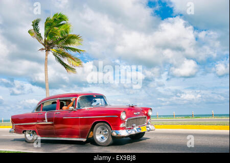 VARADERO, CUBA - 07 juin, 2011 : American Classic vintage peint voiture conduit le long d'une route côtière à côté d'un palmier. Banque D'Images