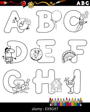 Cartoon noir et blanc Illustration de l'alphabet en majuscules avec des objets pour les enfants l'éducation de A à I pour la coloration Bo Illustration de Vecteur