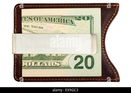 Dollars en argent cuir brun clip. Isolé sur fond blanc, enregistré avec chemin de détourage. Banque D'Images