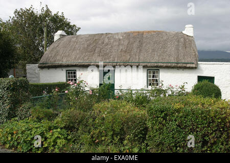 Vue de face de la porte et des fenêtres à la pierre blanchie à blanc et chaume ferme cottage dans la campagne d'Irlande à St John's point, Dunkineely, Co Donegal, Irlande Banque D'Images