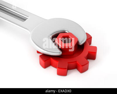 La clé dynamométrique et connecté à la vis du pignon rouge isolé sur fond blanc Banque D'Images