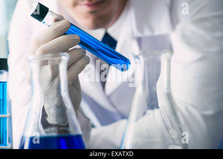 Chemist examining test tube contenant un liquide bleu, cropped Banque D'Images
